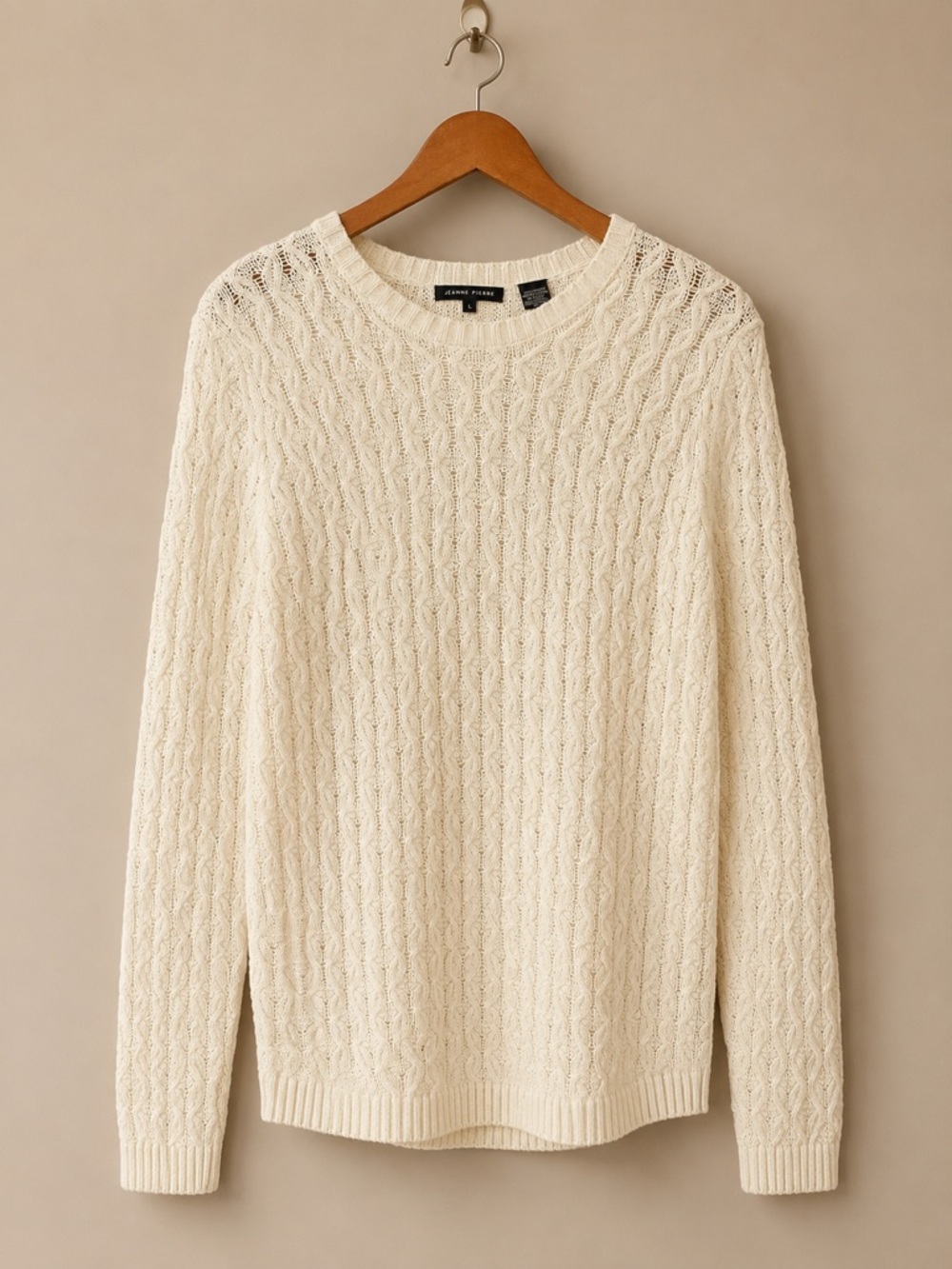 100% Cotton Jeanne Pierre Ivory Cable Knit Sweater Chunky Crewneck Size Large - Picture 2 of 5